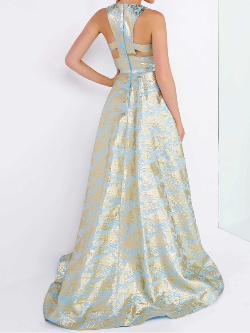 Mac Duggal Gold and Light Blue V-Neck Jacquard Gown - Picture 2 of 5